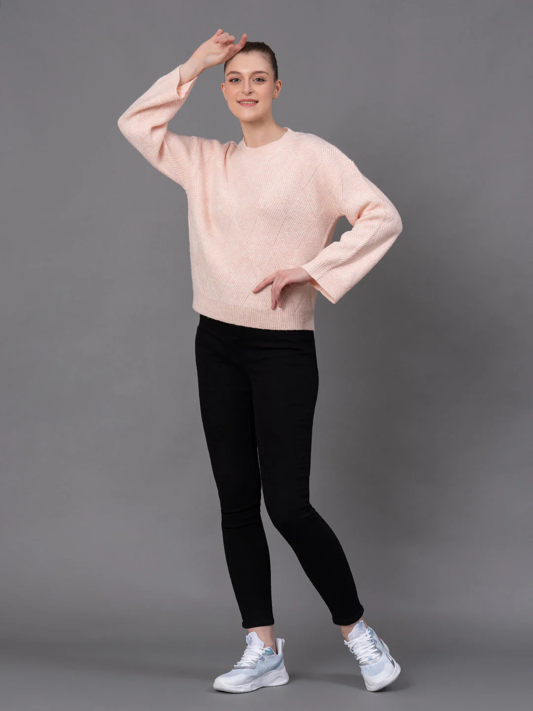 Dull Peach Poly Acrylic Self Design Women's Sweater - Image 5