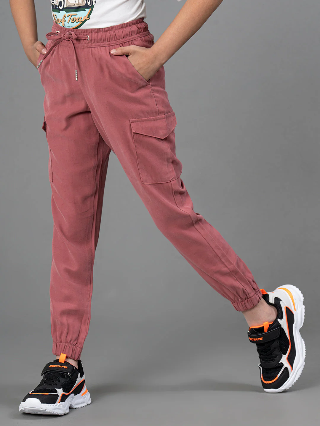 Dusky Pink Viscose Polyester Solid Girl's Cargo Jogger - Image 6