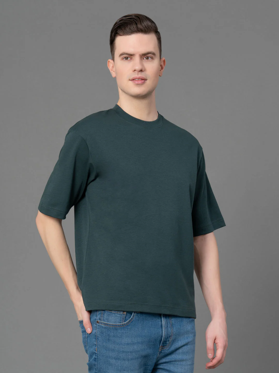 Forest Green Oversized Round Neck T-Shirt for Men - Image 2