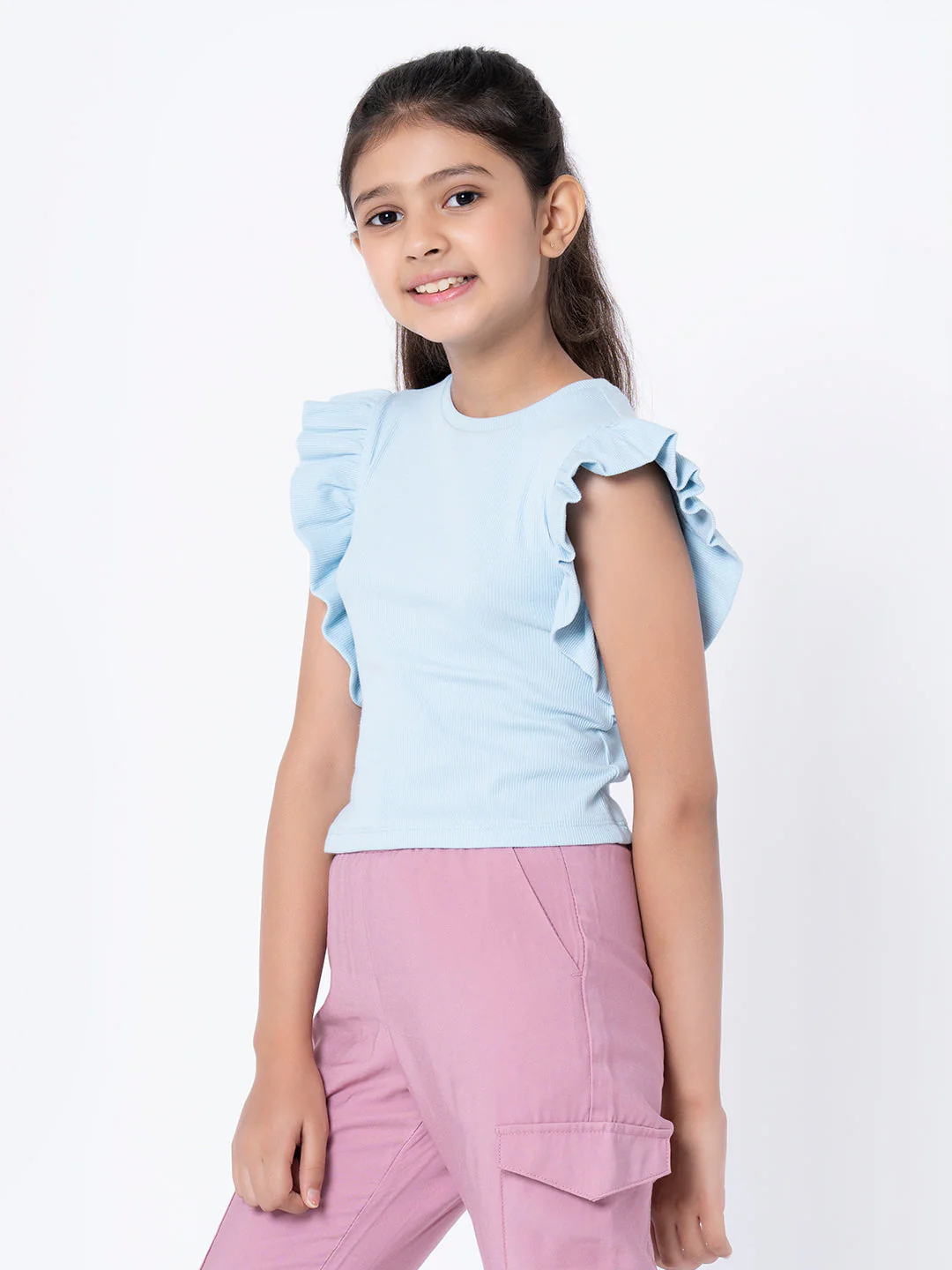 Girls Ice Blue Solid T-Shirt - Image 2
