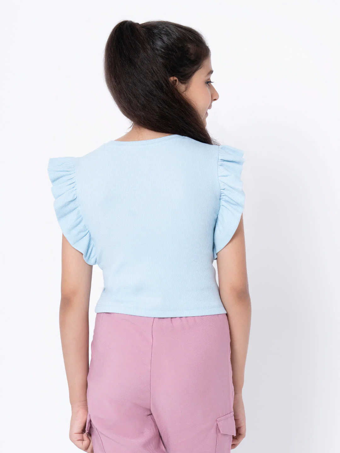 Girls Ice Blue Solid T-Shirt - Image 3