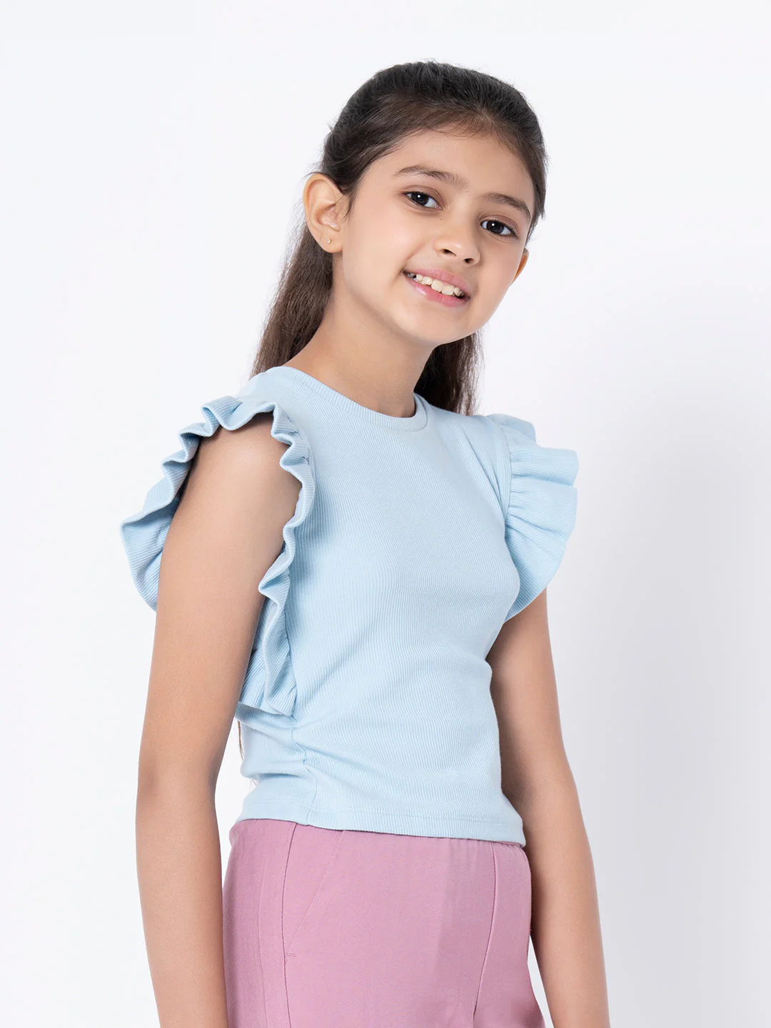 Girls Ice Blue Solid T-Shirt - Image 6