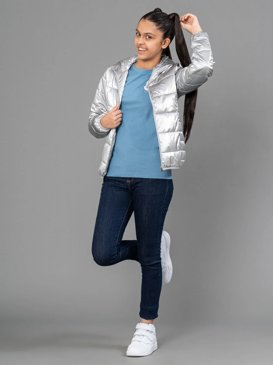 Girls Rinse Blue Solid Cotton Stretched Jeans - Image 5