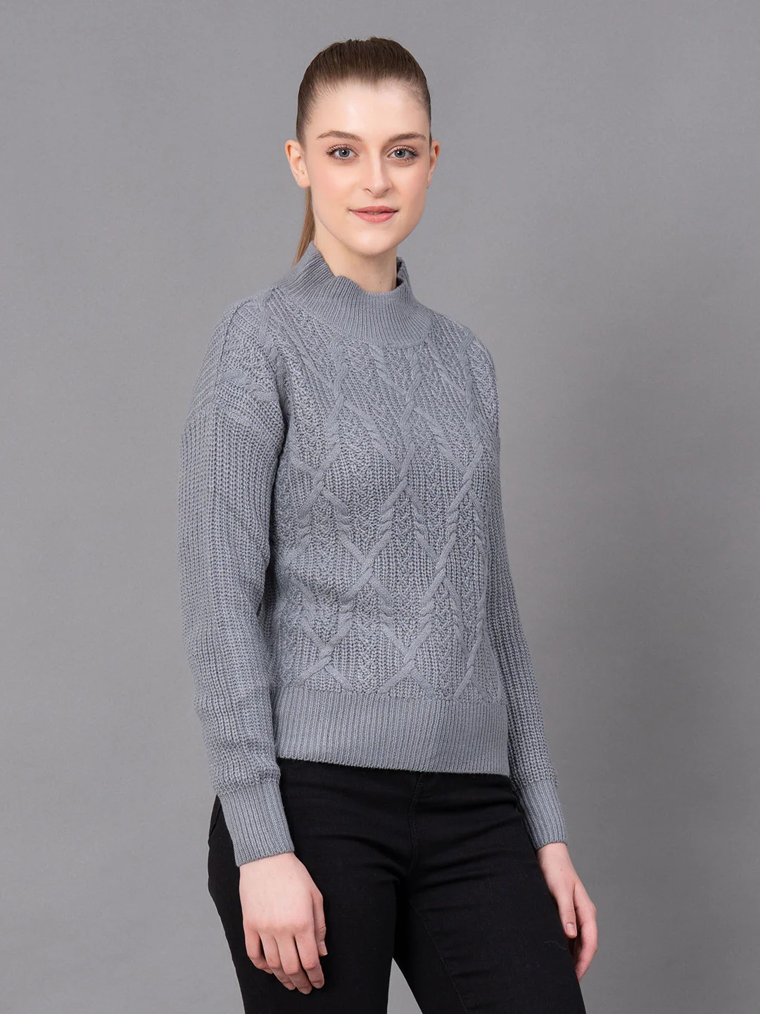 Grey Acrylic Self Design Women's Sweater - Image 2