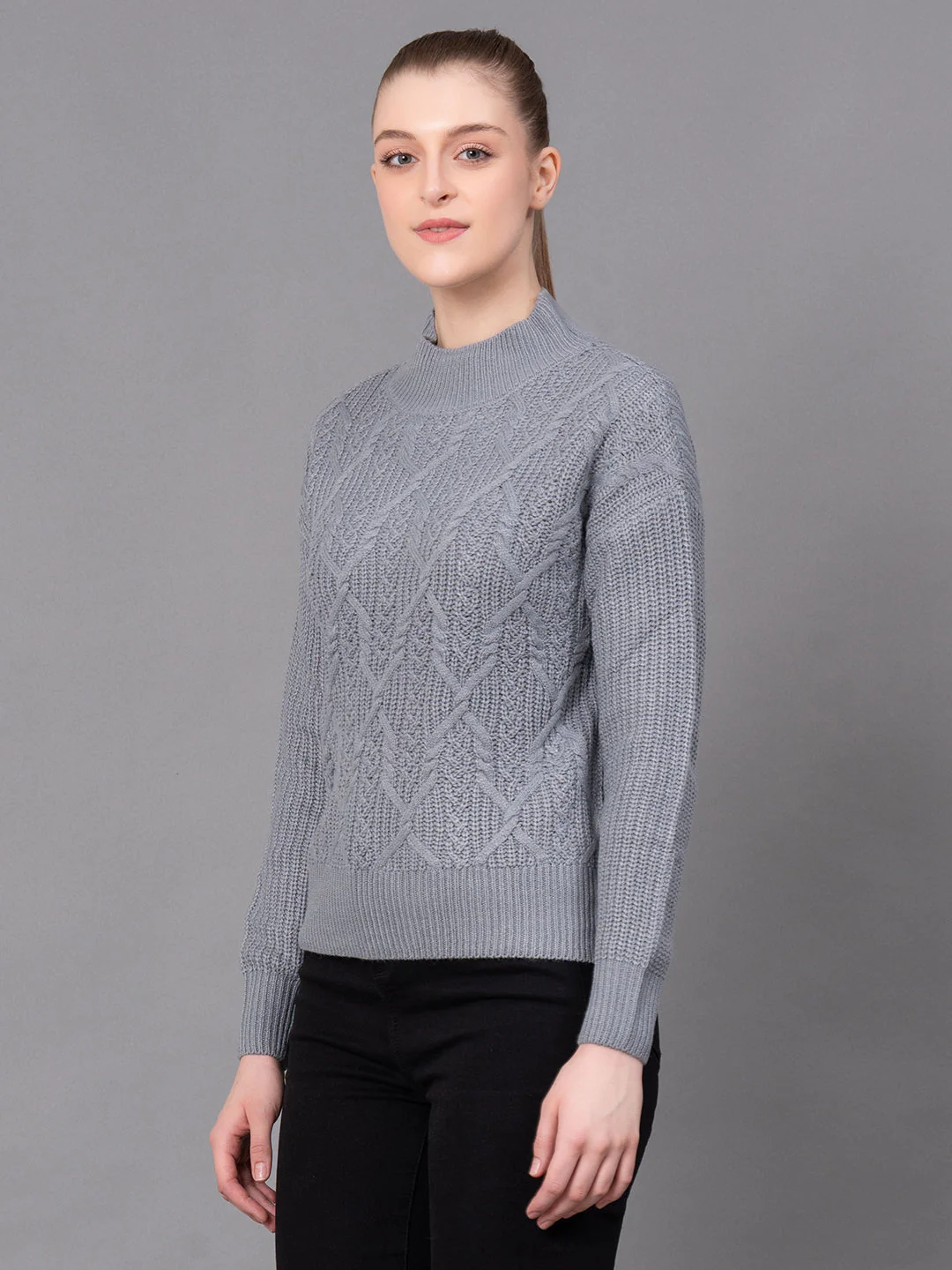 Grey Acrylic Self Design Women's Sweater - Image 5