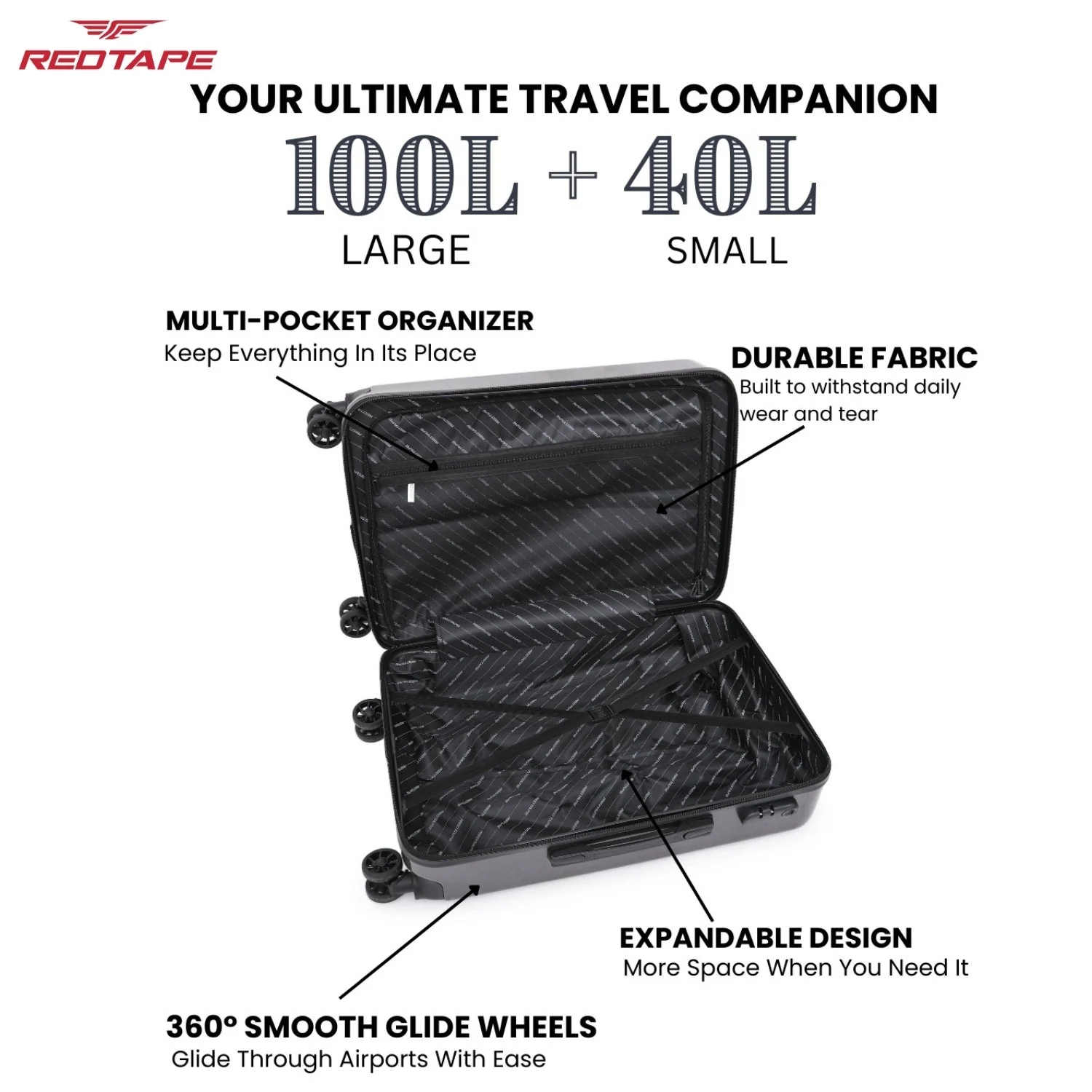 Gunmetal Black 8 Wheels Trolley Bag Set of 2 (Large + Cabin) - Image 4