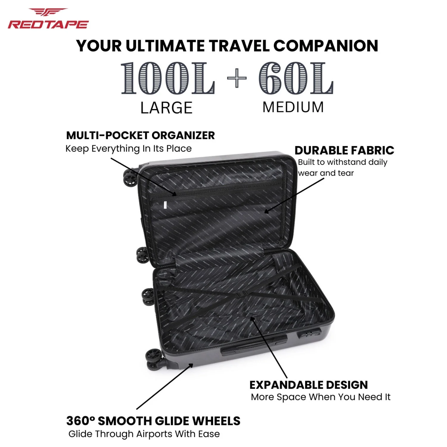 Gunmetal Black 8 Wheels Trolley Bag Set of 2 (Large + Medium) - Image 4