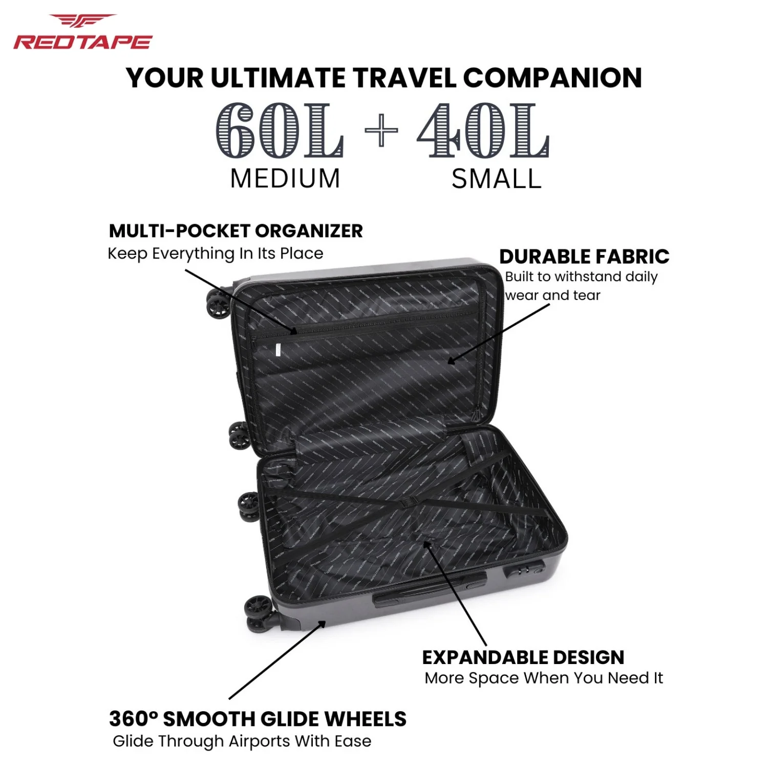 Gunmetal Black 8 Wheels Trolley Bag Set of 2 (Medium + Cabin) - Image 4