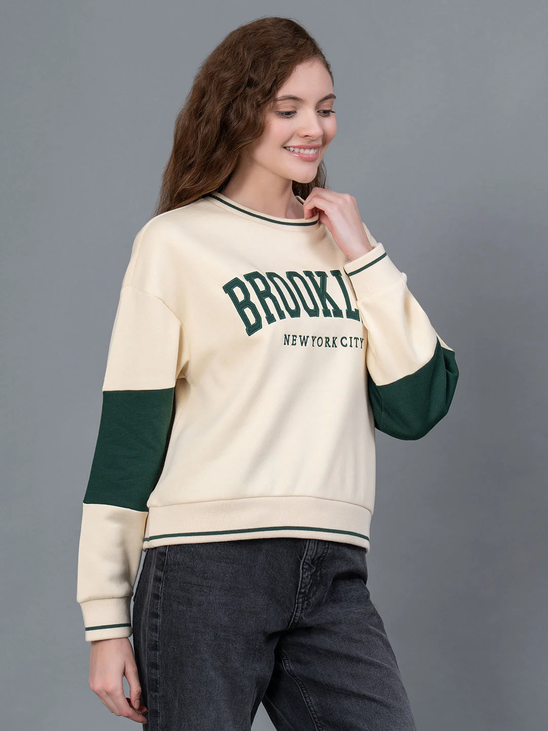 Ivory Embroidered Cotton Poly Fleece Women's Sweatshirt - Image 2