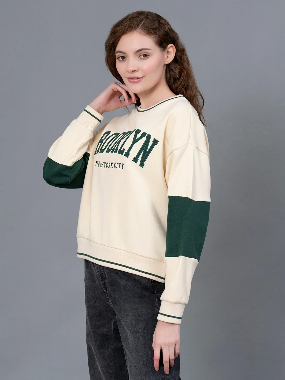 Ivory Embroidered Cotton Poly Fleece Women's Sweatshirt - Image 6