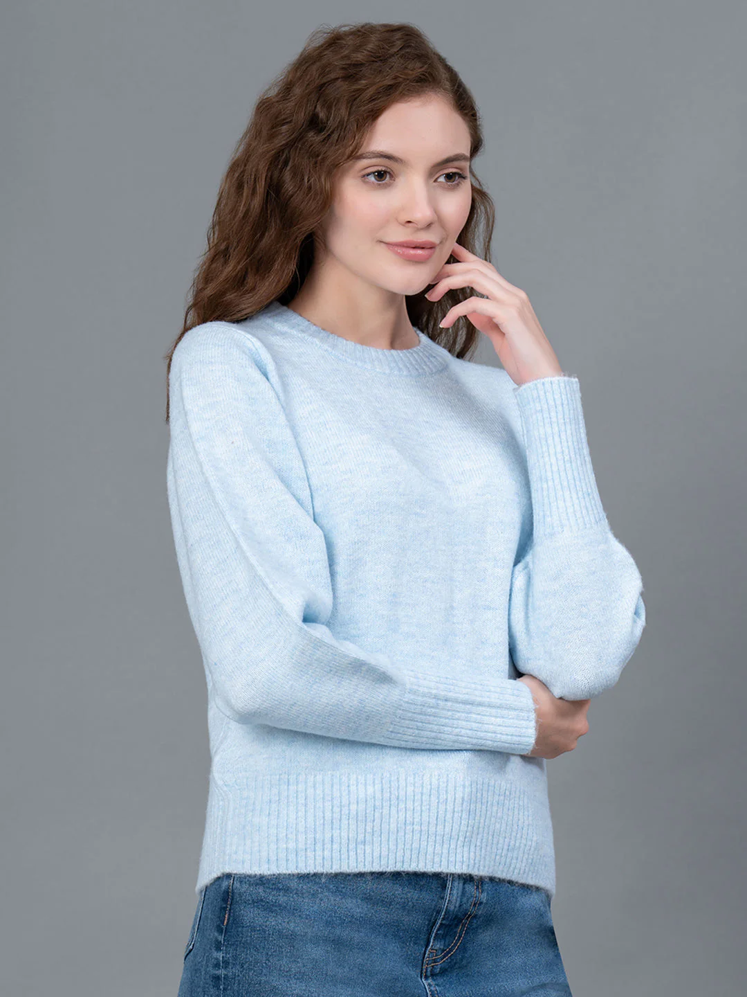 Light Blue Melange Poly Acrylic Spandex Women's Sweater - Image 2