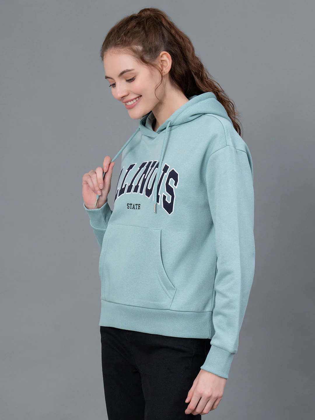 Light Sea Green Embroidered Cotton Poly Fleece Women's Hoodie - Image 2