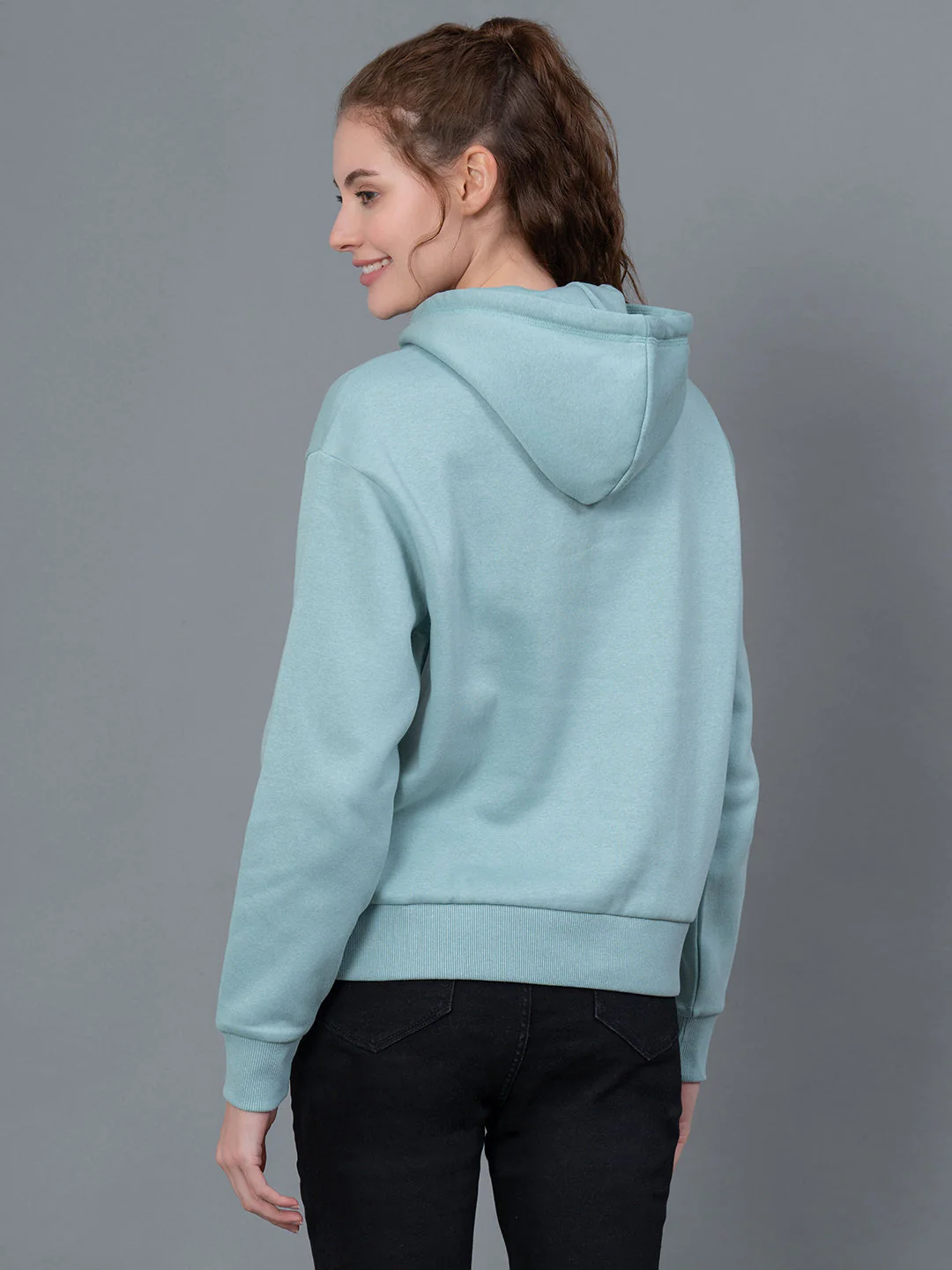 Light Sea Green Embroidered Cotton Poly Fleece Women's Hoodie - Image 3