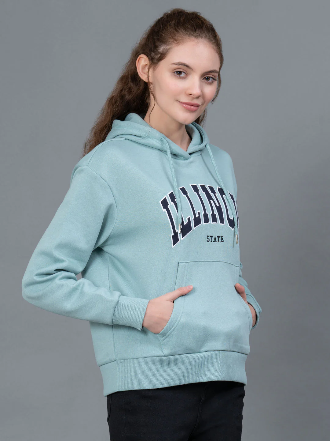 Light Sea Green Embroidered Cotton Poly Fleece Women's Hoodie - Image 6
