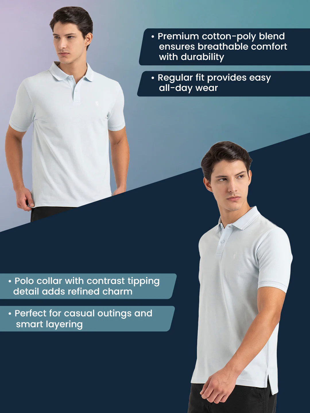 Men Aqua Solid Single Tone Tipping Polo T-Shirt - Image 2