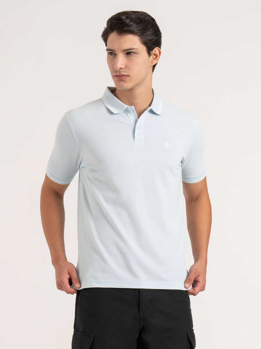 Men Aqua Solid Single Tone Tipping Polo T-Shirt - Image 6