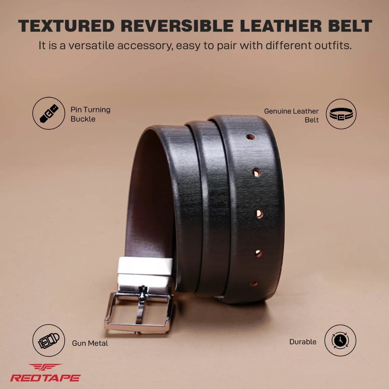 Men's Black Brown Reversible Leather Belt - Image 4