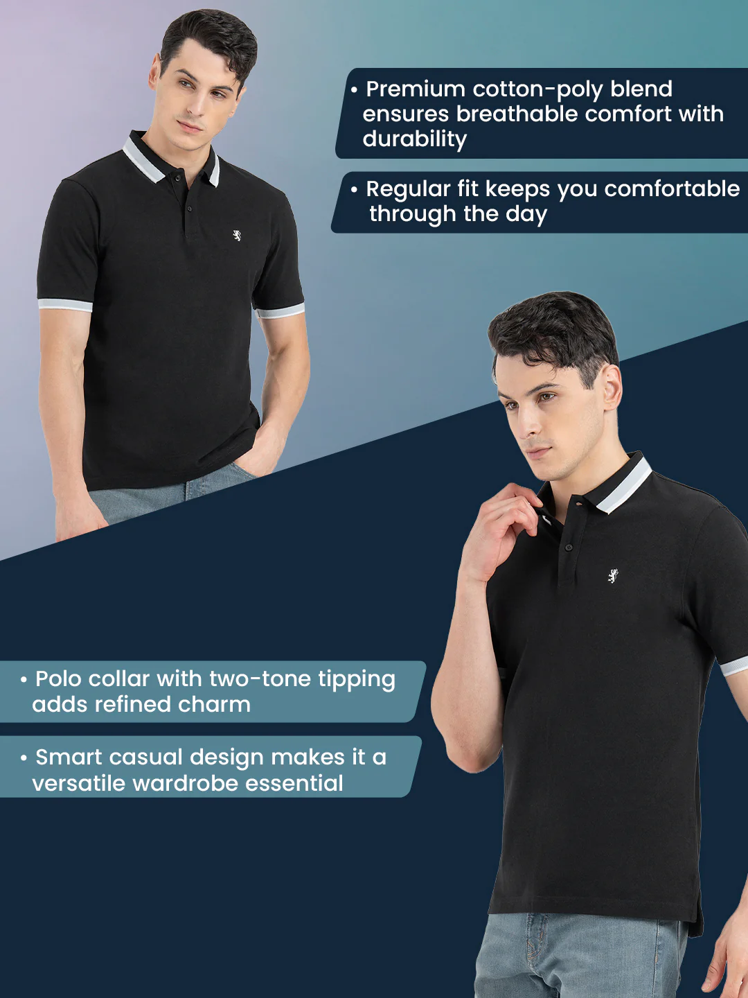 Men Black Polo Neck Cotton Polyester Solid T-Shirt - Image 2