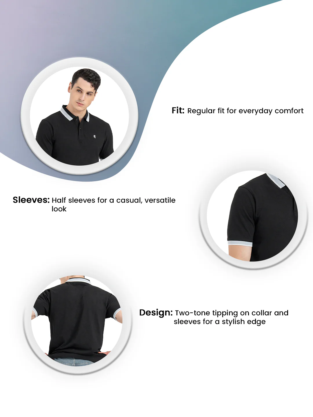 Men Black Polo Neck Cotton Polyester Solid T-Shirt - Image 3