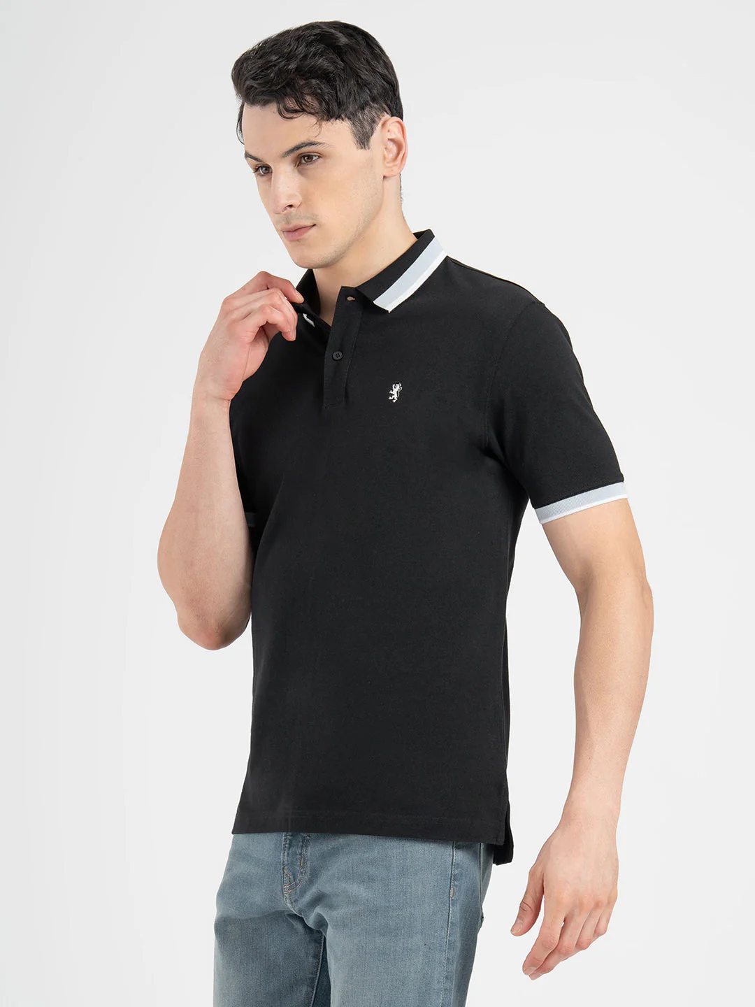 Men Black Polo Neck Cotton Polyester Solid T-Shirt - Image 4