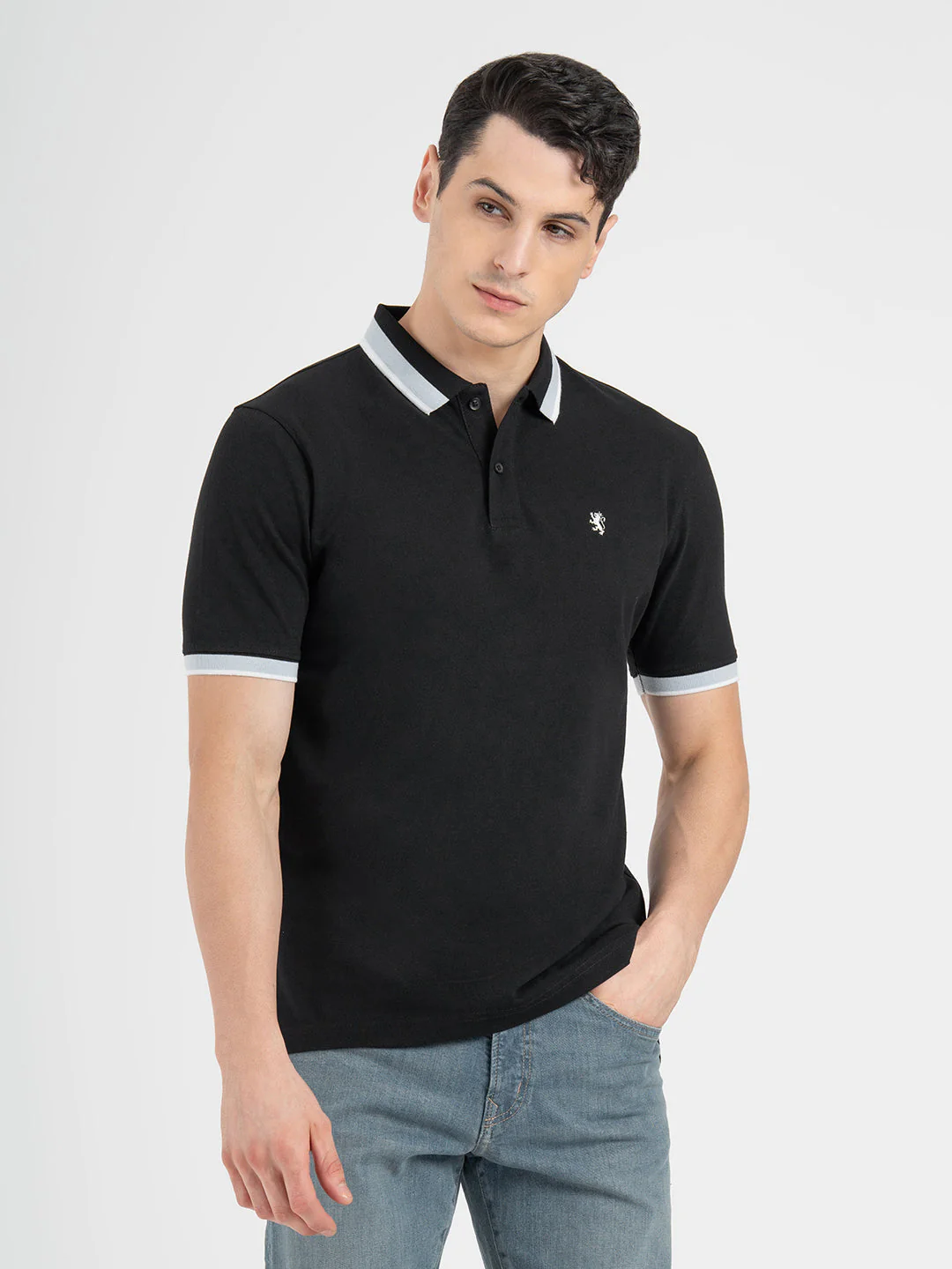Men Black Polo Neck Cotton Polyester Solid T-Shirt - Image 6