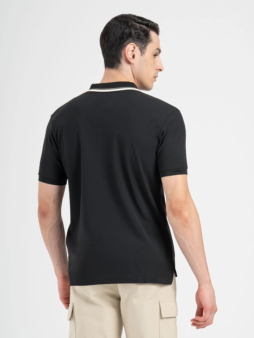 Men Black Polo Neck High Stretch Polyester Solid Athleisure T-Shirt - Image 3