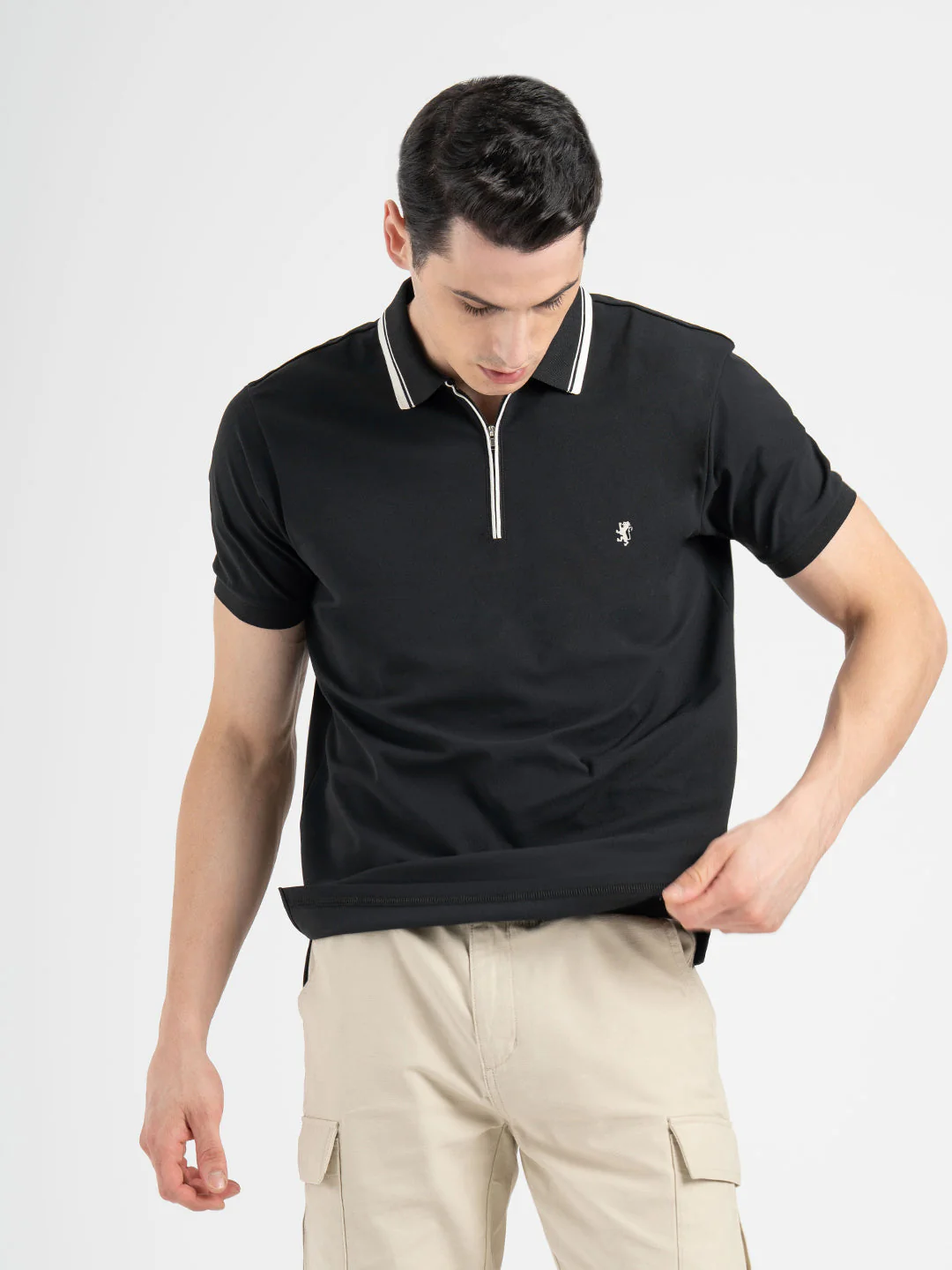 Men Black Polo Neck High Stretch Polyester Solid Athleisure T-Shirt - Image 6