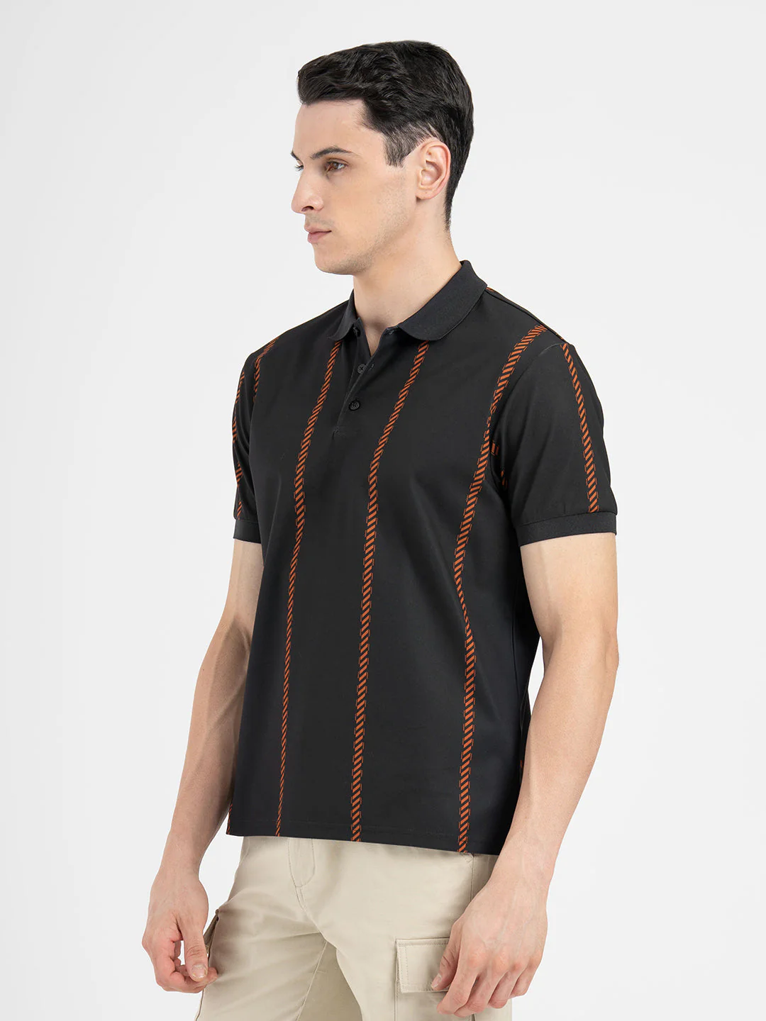 Men Black Polo Neck High Stretch Polyester Striped Athleisure T-Shirt - Image 2