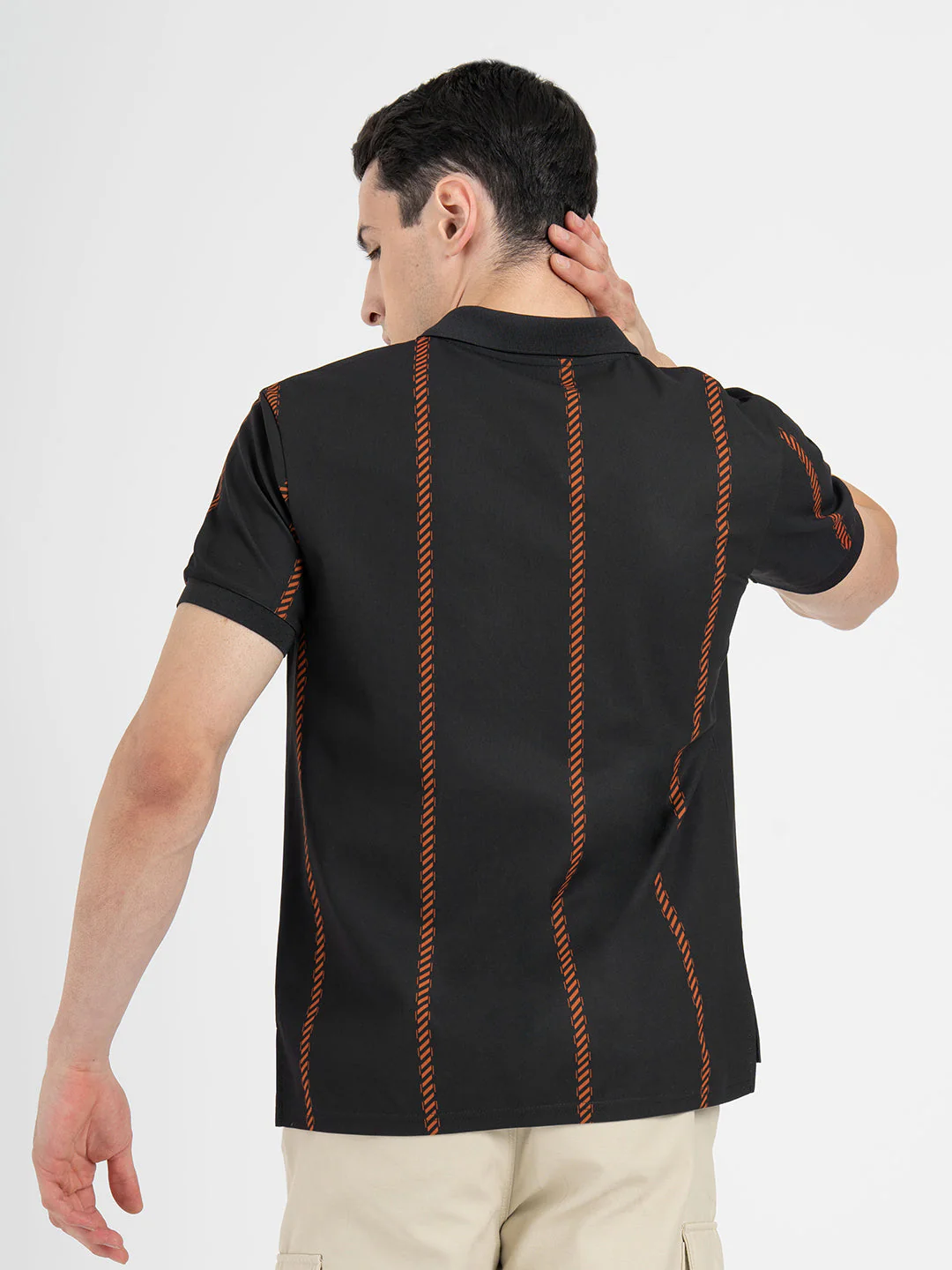 Men Black Polo Neck High Stretch Polyester Striped Athleisure T-Shirt - Image 3