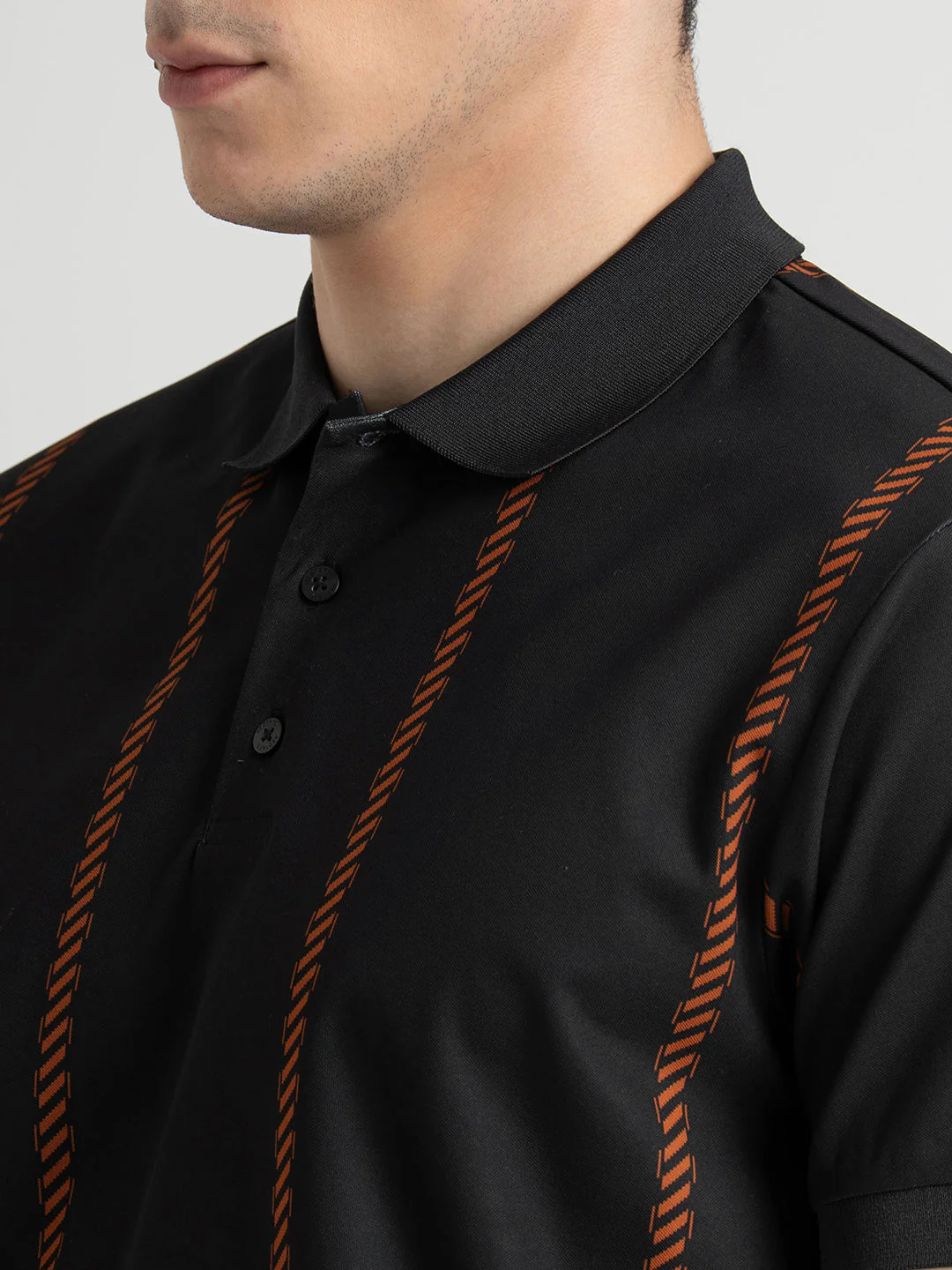 Men Black Polo Neck High Stretch Polyester Striped Athleisure T-Shirt - Image 4