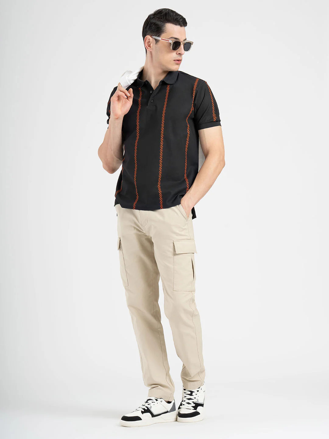 Men Black Polo Neck High Stretch Polyester Striped Athleisure T-Shirt - Image 5