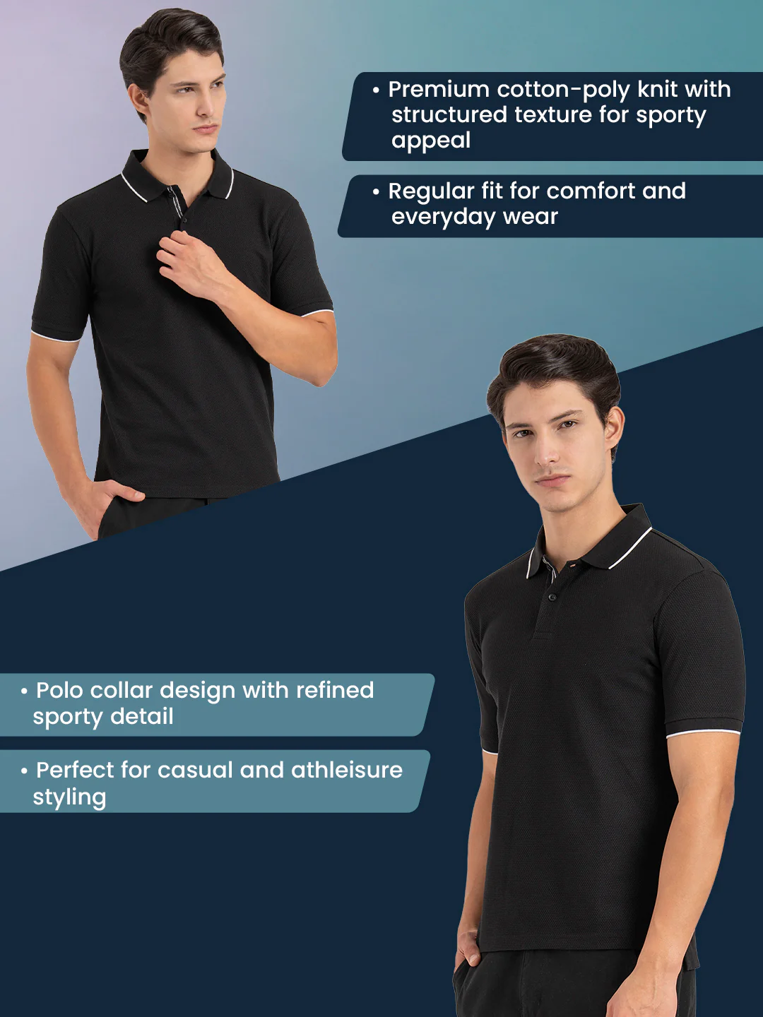 Men Black Self Design  Football Structured  Polo T-Shirt - Image 2