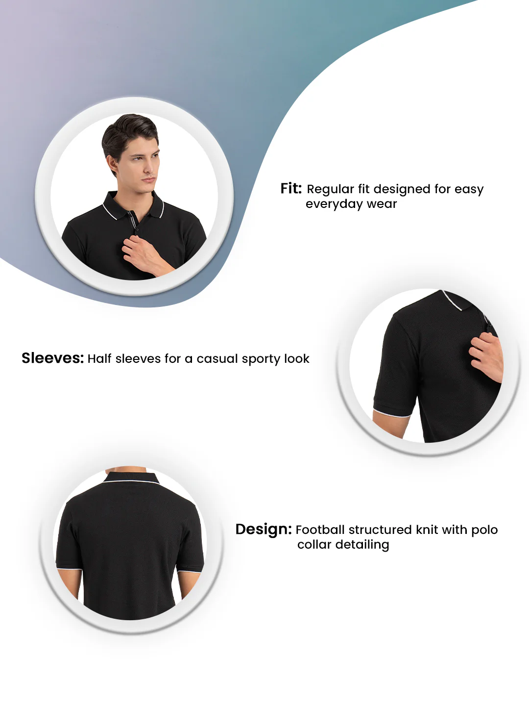 Men Black Self Design  Football Structured  Polo T-Shirt - Image 3