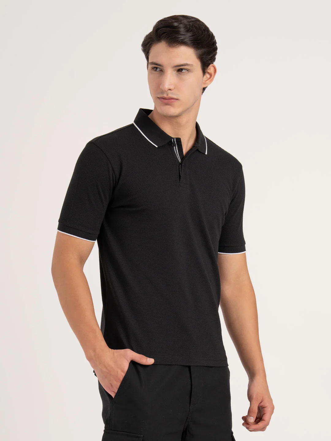 Men Black Self Design  Football Structured  Polo T-Shirt - Image 4
