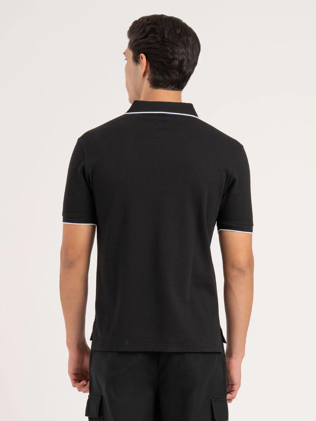 Men Black Self Design  Football Structured  Polo T-Shirt - Image 5