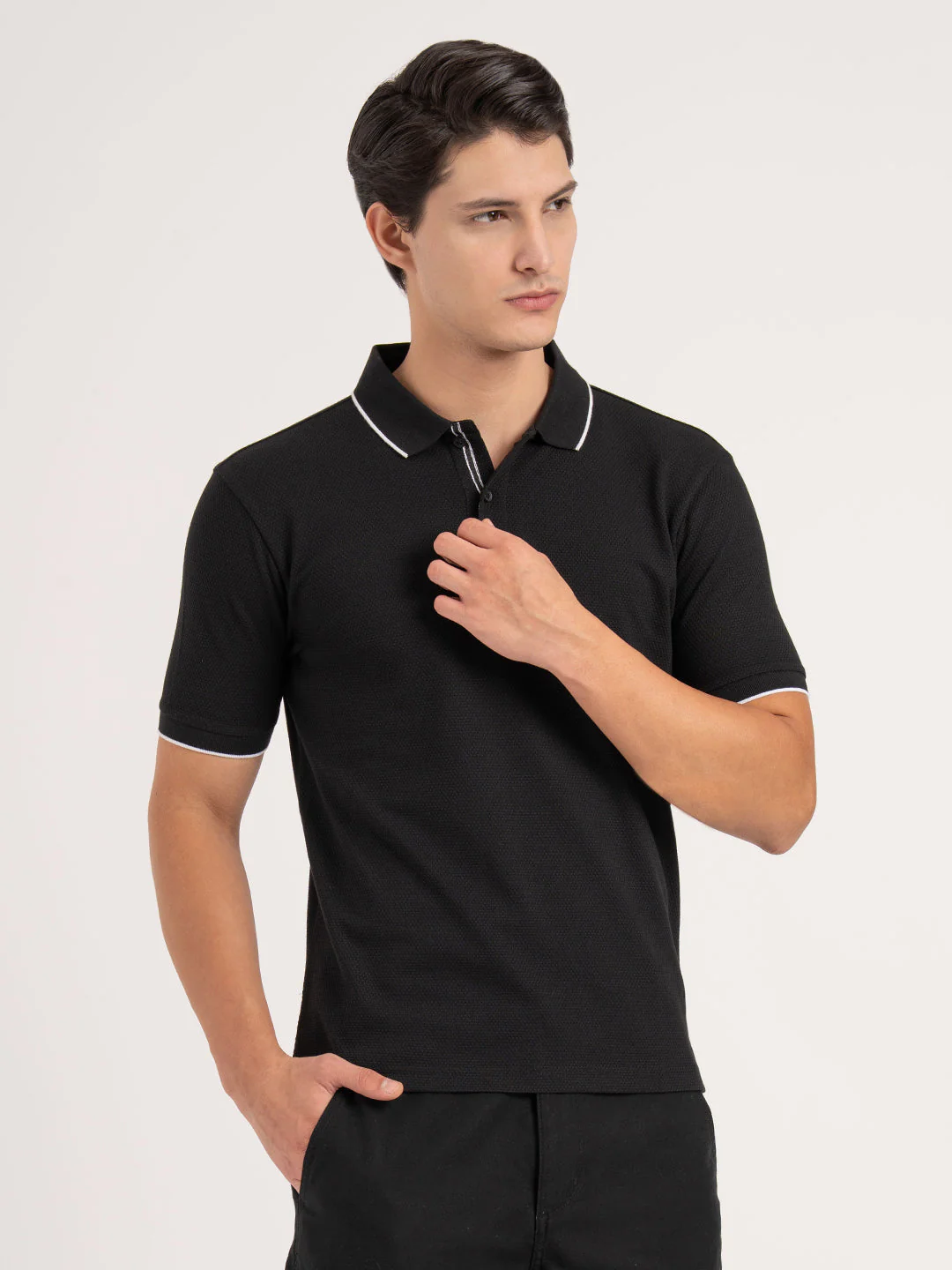 Men Black Self Design  Football Structured  Polo T-Shirt - Image 6