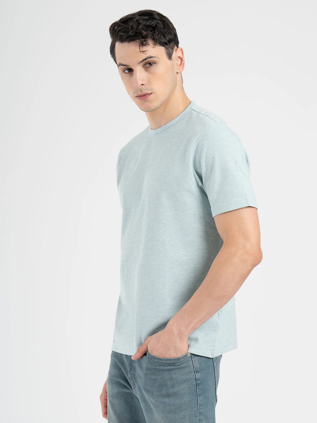 Men Blue Melange Round Neck Cotton Poly Elastane Melange Structure T-Shirt - Image 2