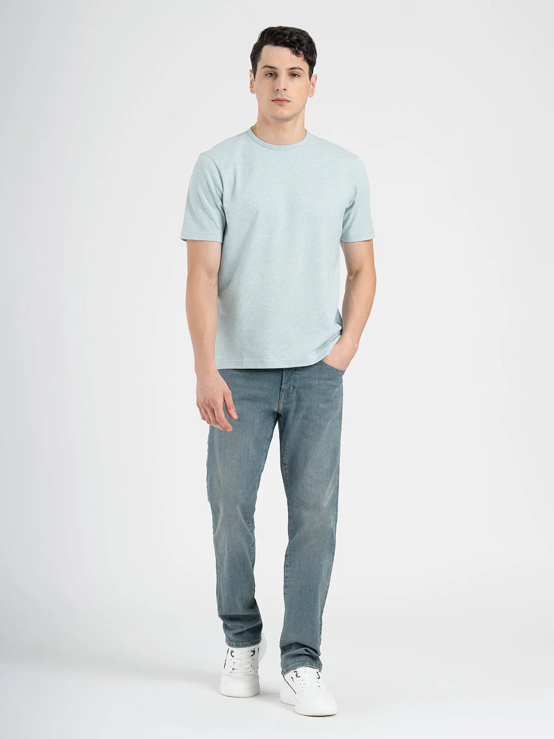 Men Blue Melange Round Neck Cotton Poly Elastane Melange Structure T-Shirt - Image 5