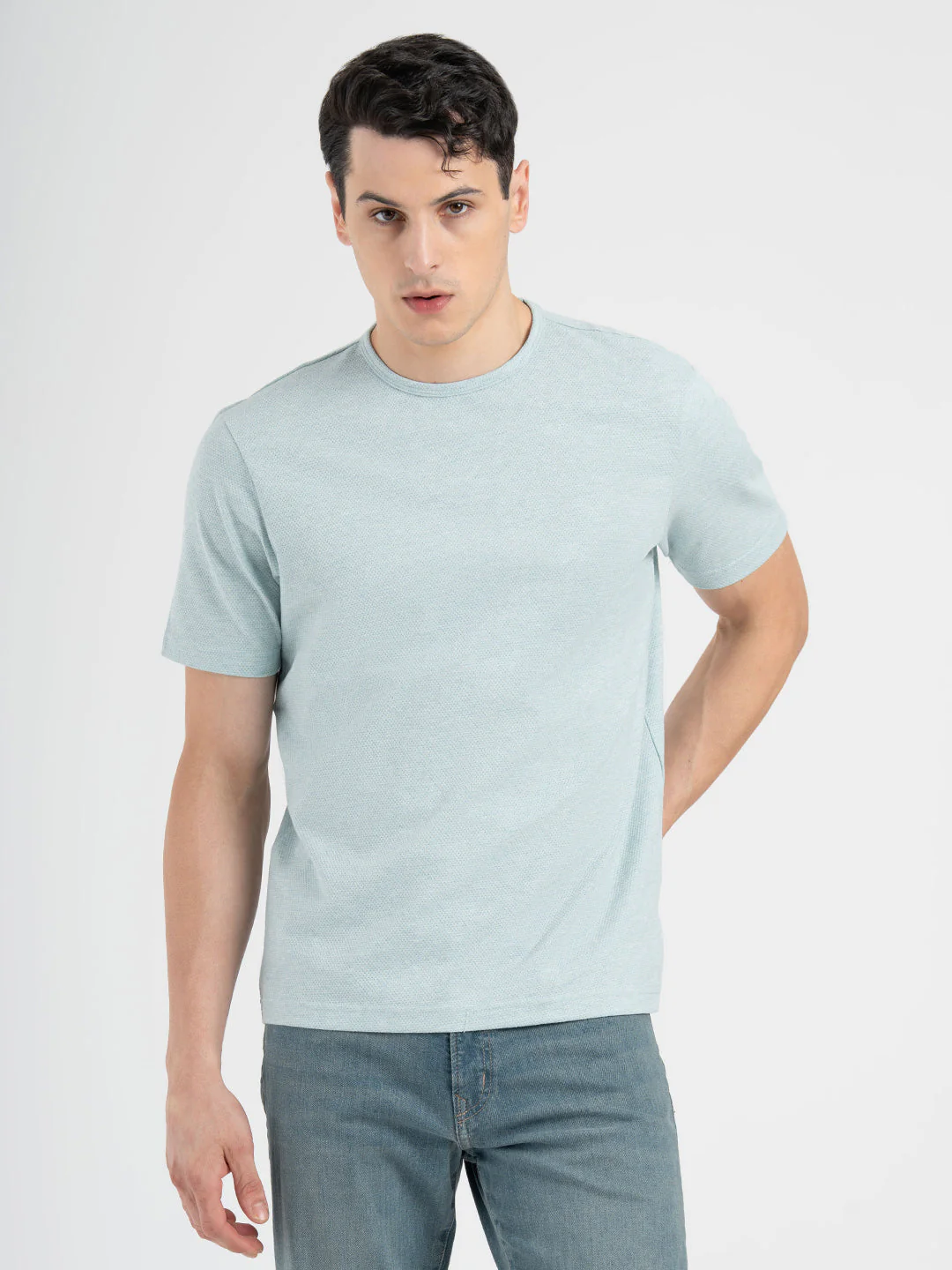Men Blue Melange Round Neck Cotton Poly Elastane Melange Structure T-Shirt - Image 6