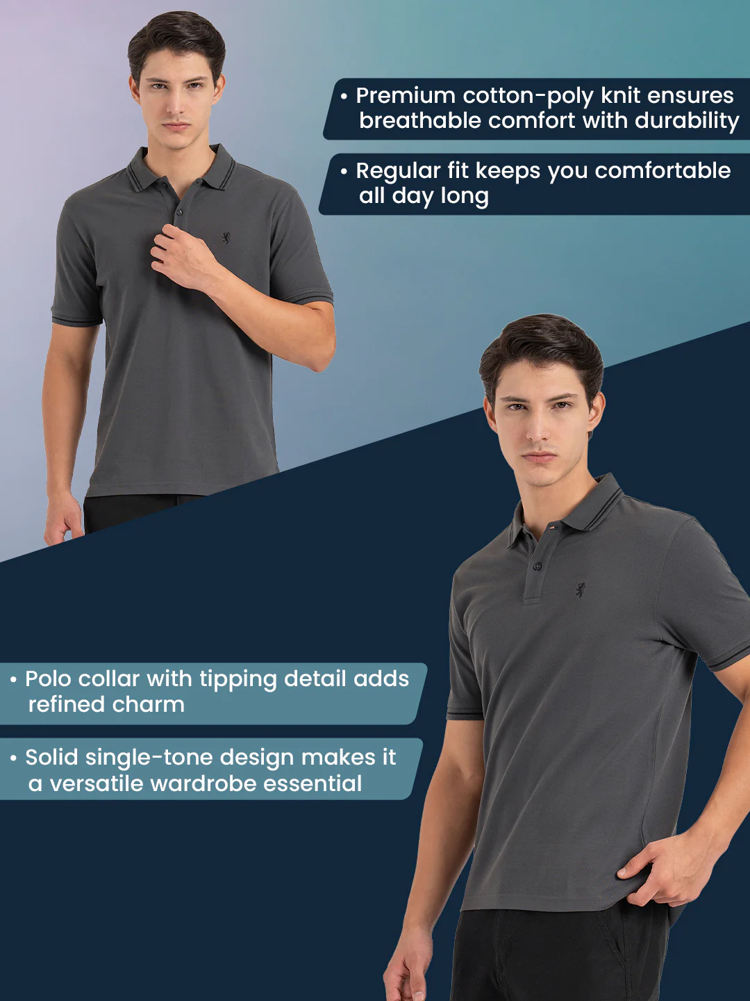 Men Grey Solid Single Tone Tipping Polo T-Shirt - Image 2