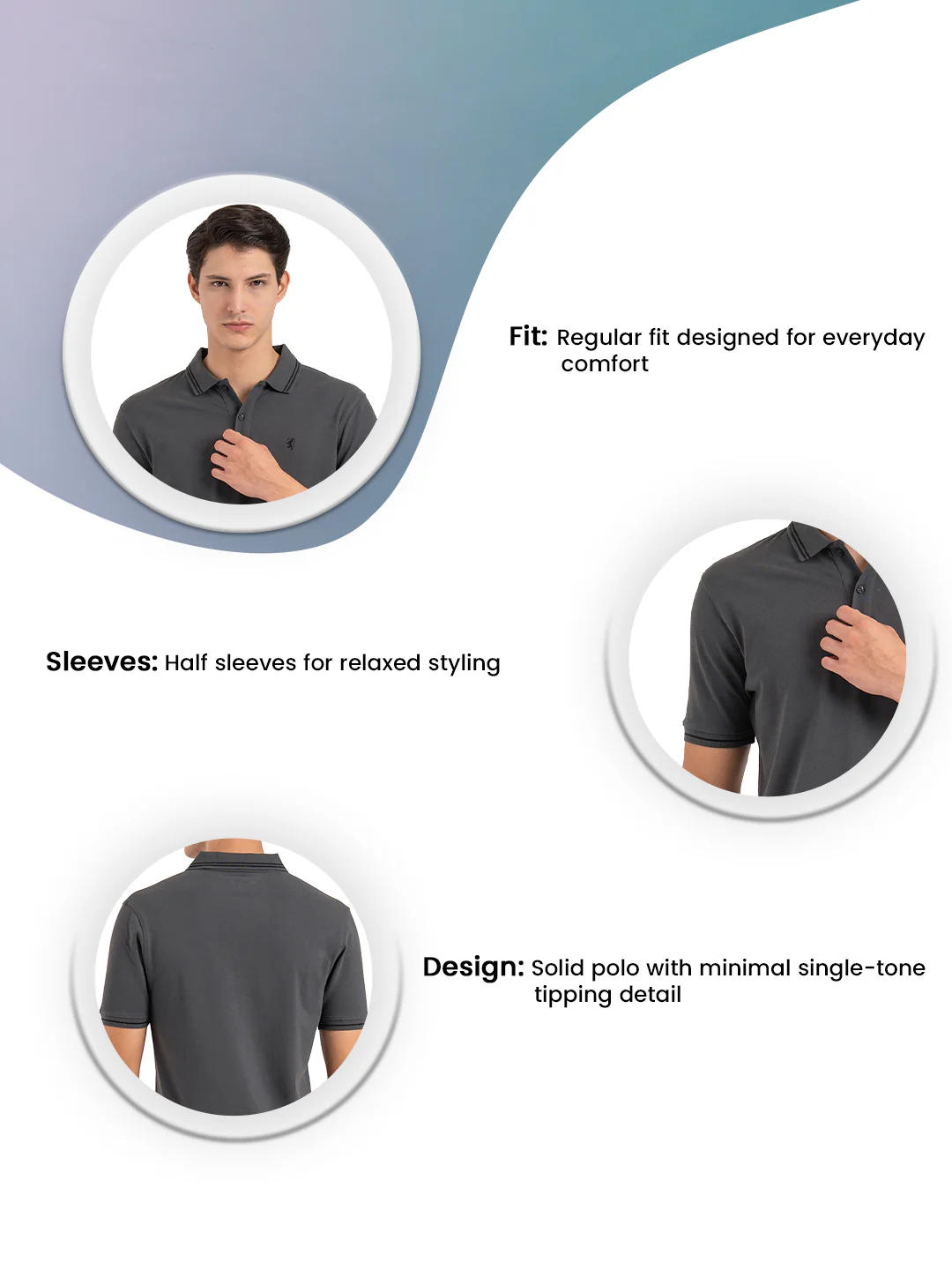 Men Grey Solid Single Tone Tipping Polo T-Shirt - Image 3