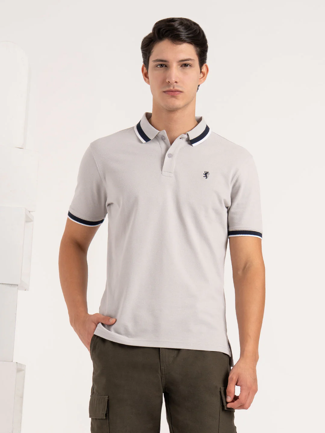 Men Grey Solid Two-Tone Tipping  Polo T-Shirt - Image 10