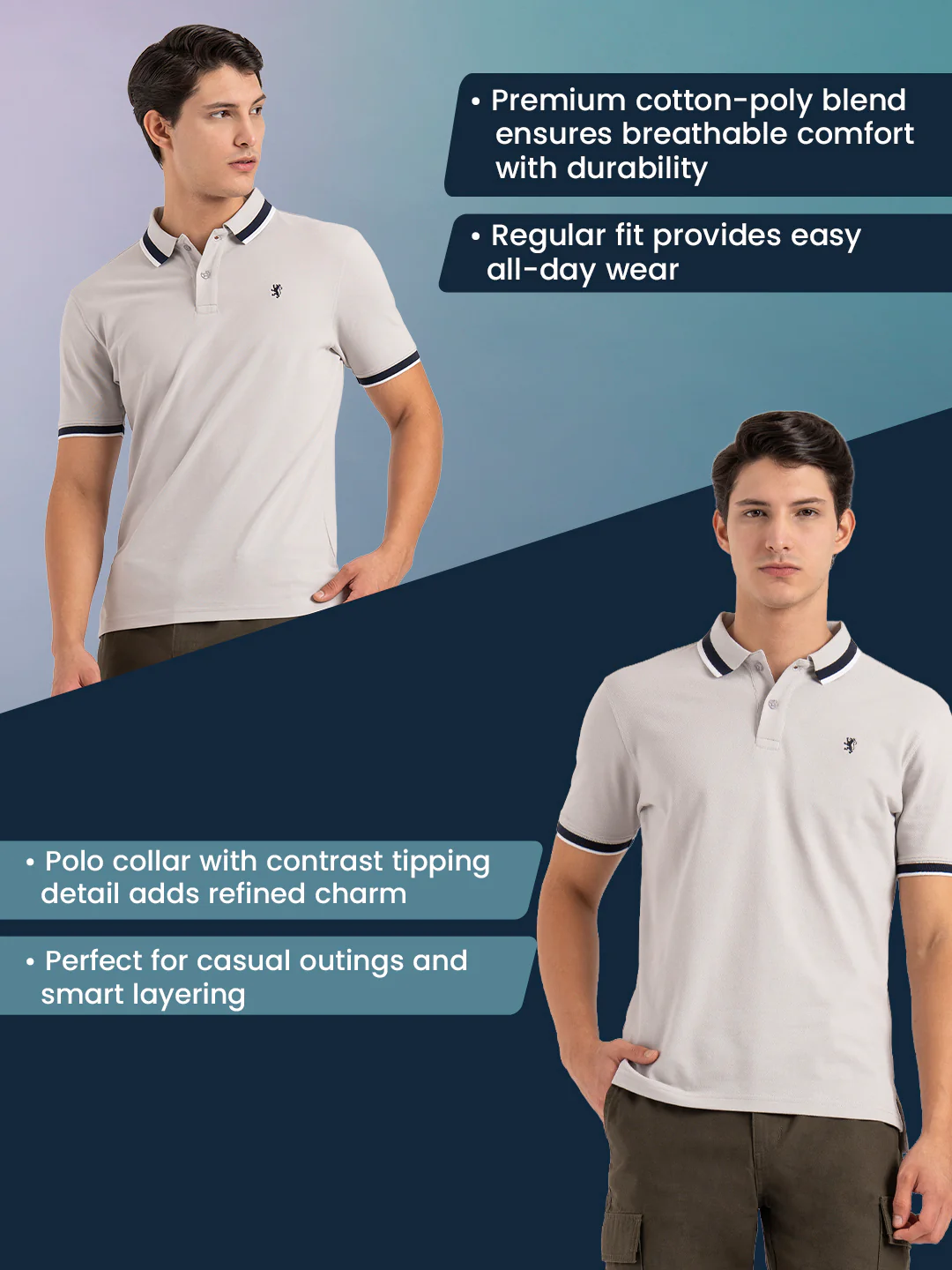 Men Grey Solid Two-Tone Tipping  Polo T-Shirt - Image 2