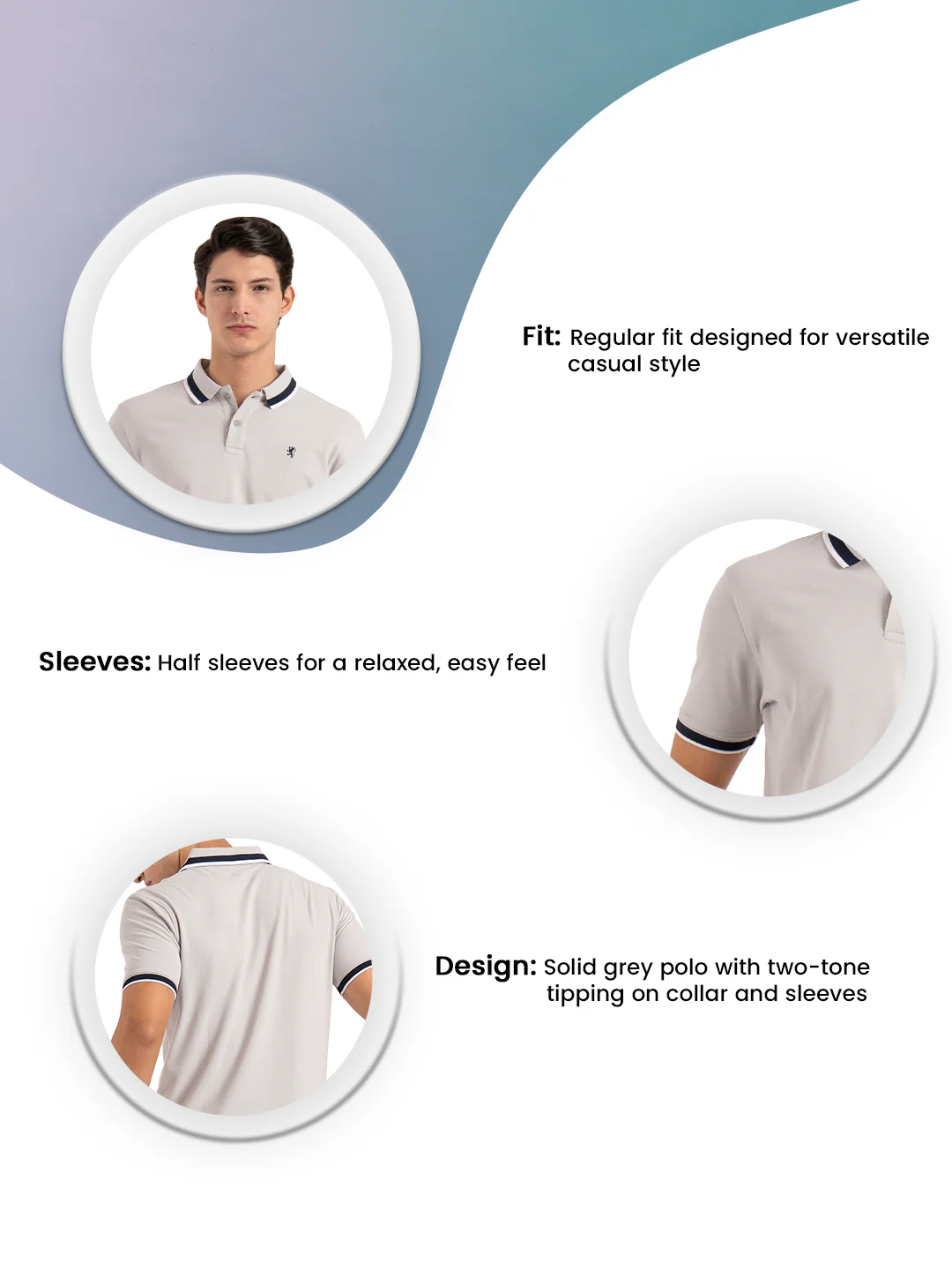 Men Grey Solid Two-Tone Tipping  Polo T-Shirt - Image 3