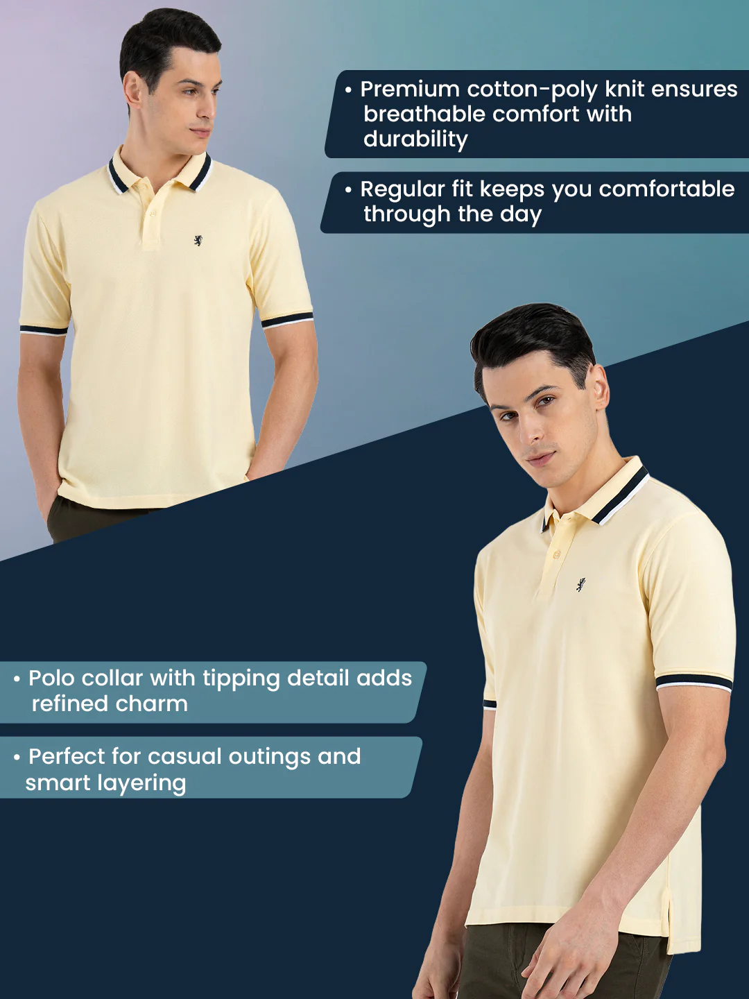 Men Light Yellow Polo Neck Cotton Polyester Solid T-Shirt - Image 2
