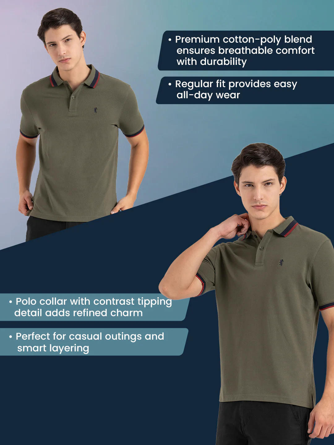 Men Olive Solid Two-Tone Tipping  Polo T-Shirt - Image 2