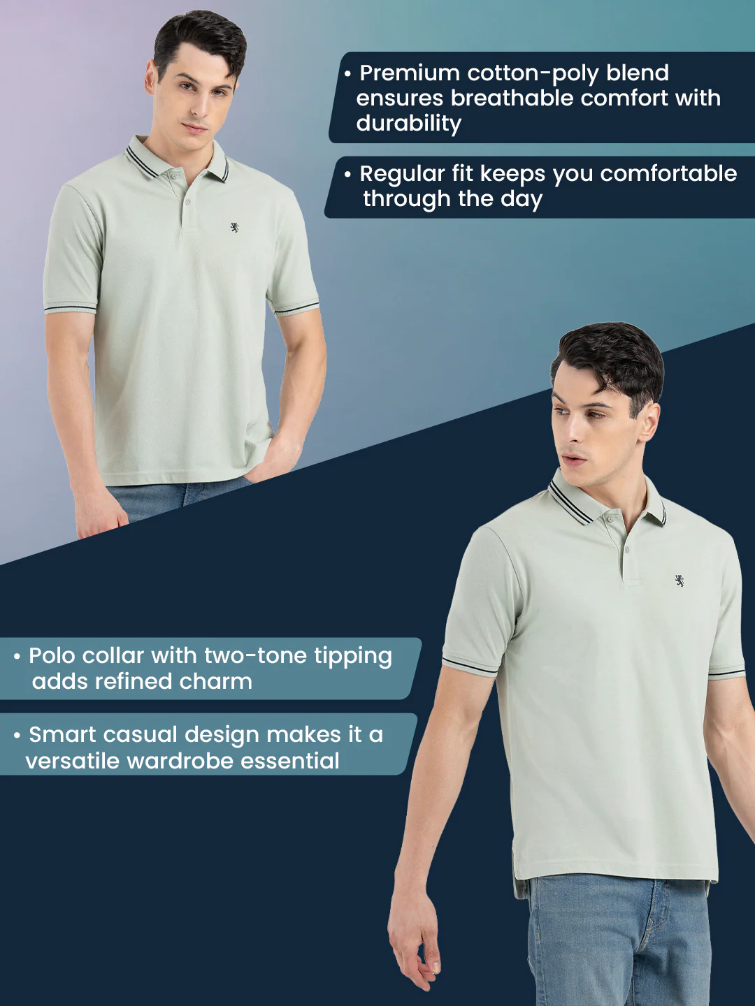 Men Pastel Green Polo Neck Cotton Polyester Solid T-Shirt - Image 3
