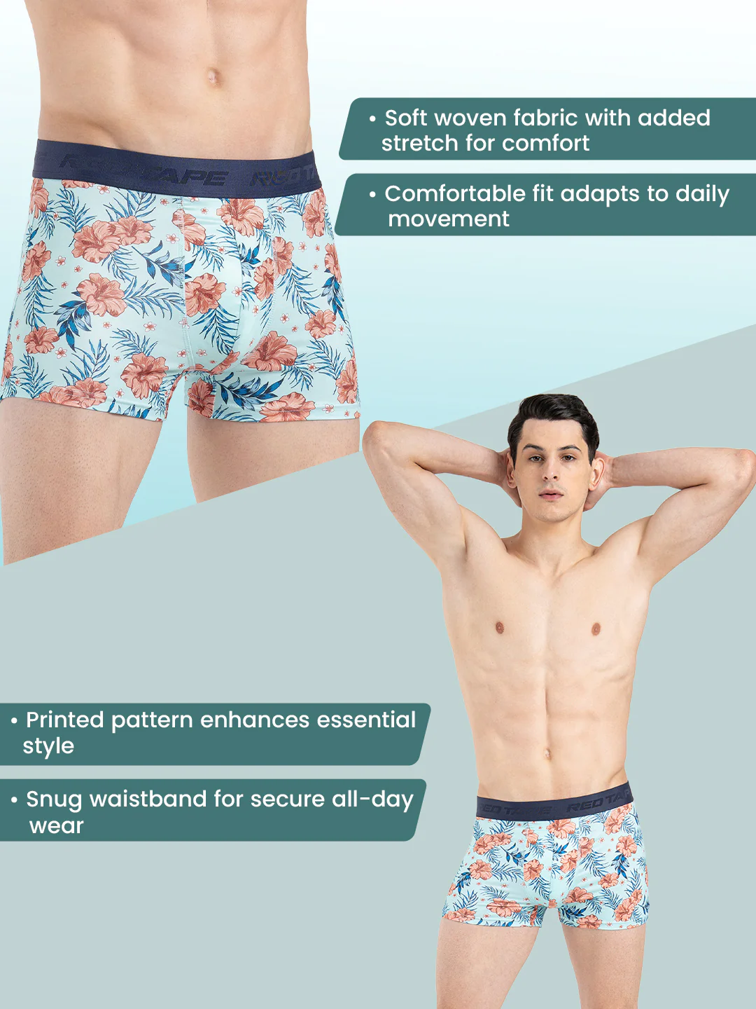 Men's Aqua Printed Elasticated Polyester Stretched Woven Trunk - Image 2