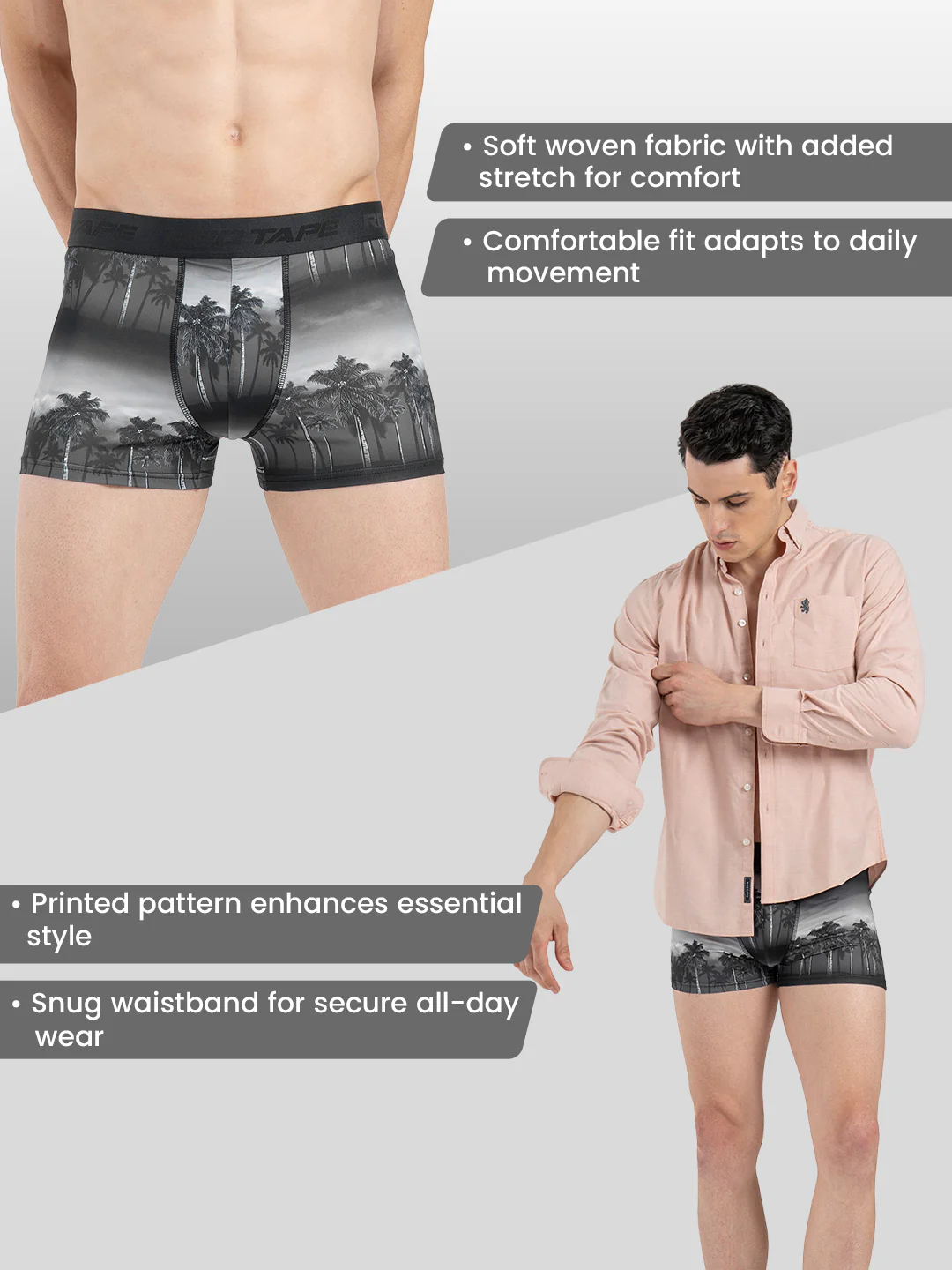 Men's Ash Black Printed Elasticated Polyester Stretched Woven Trunk - Image 2