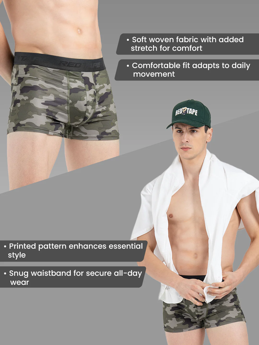 Men's Black Camo Printed Elasticated Polyester Stretched Woven Trunk - Image 2